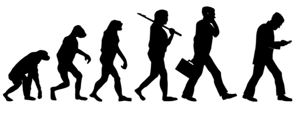 Illustration of human evolution ending at social media use